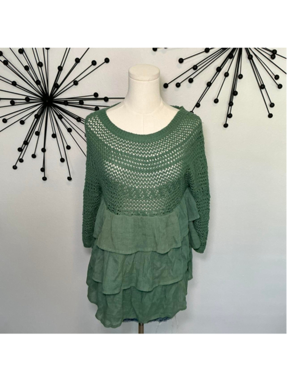 Entro green crochet lace tiered ruffle blouse boho sheer top size L